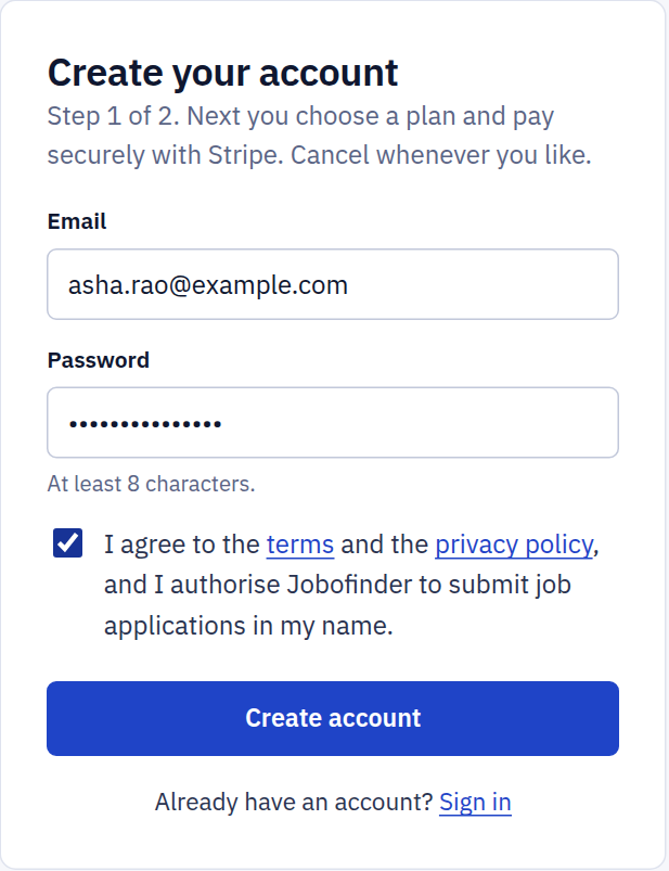 The Create your account form with an email address, a password and the terms box ticked