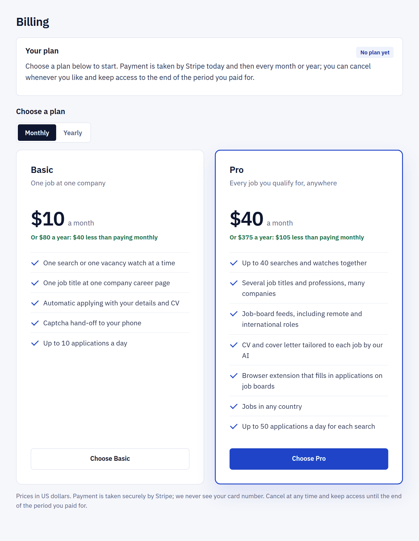 The Billing page showing the Basic and Pro plans with their prices and a Choose button under each