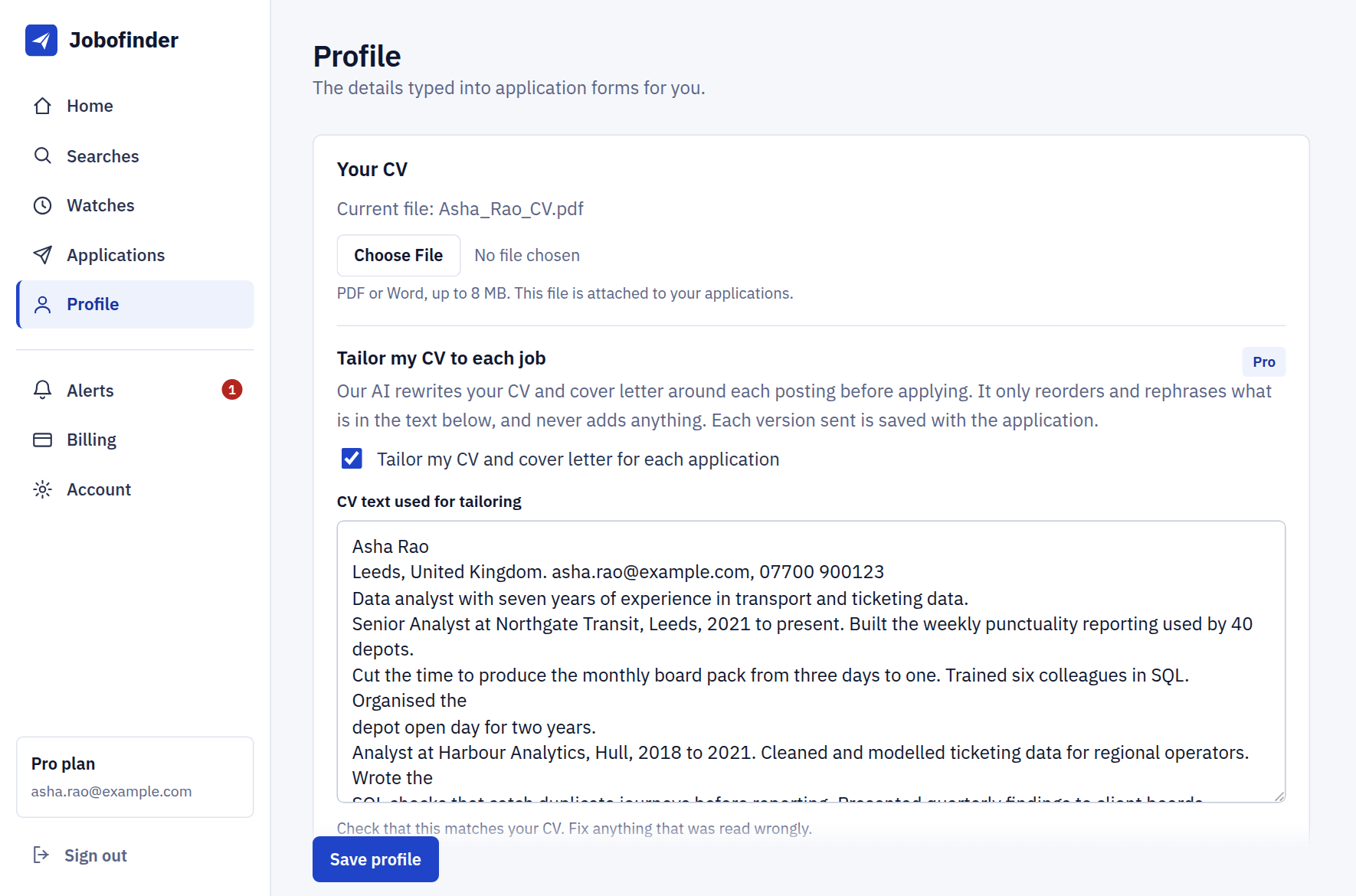 The Profile page with an uploaded CV and the Tailor my CV to each job option ticked