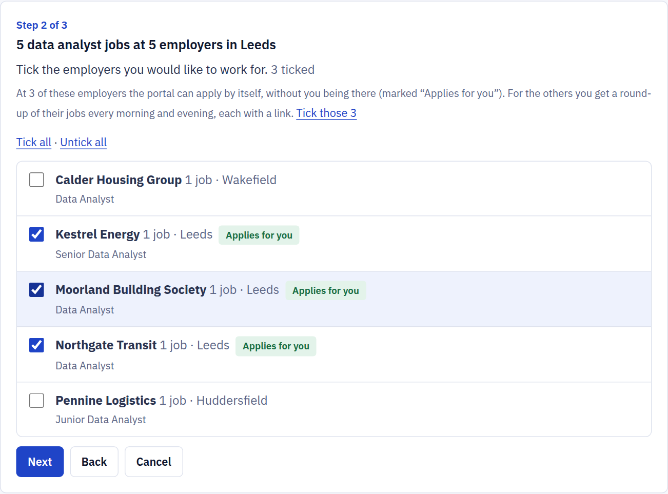 Step 2 of a new search: a list of employers with data analyst jobs in Leeds, three of them ticked and marked Applies for you