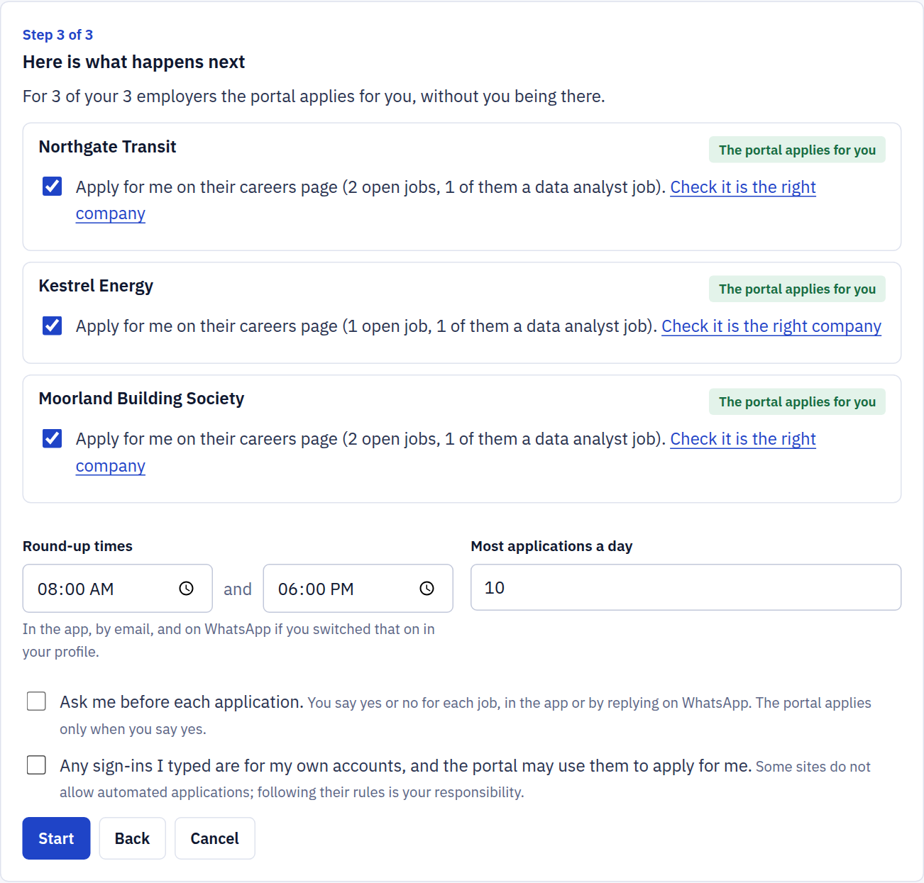 Step 3 of a new search: for each ticked employer the portal says it applies for you, with round-up times and the most applications a day