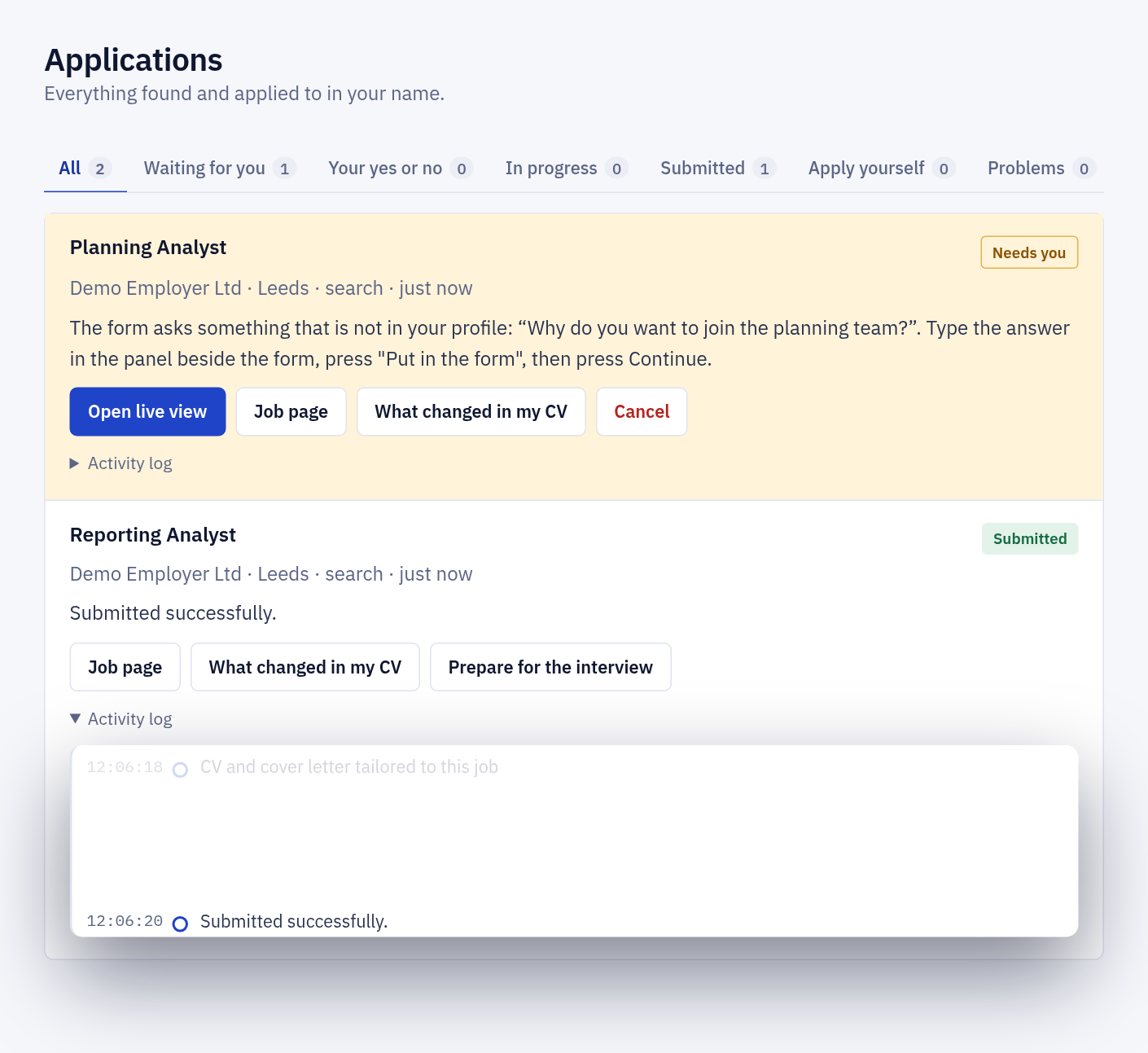 The Applications page: one application marked Needs you and one marked Submitted, with its activity log open