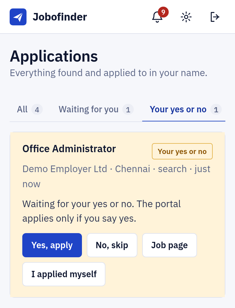 On a phone: a job waiting for the customer's yes or no, with the buttons Yes, apply and No, skip