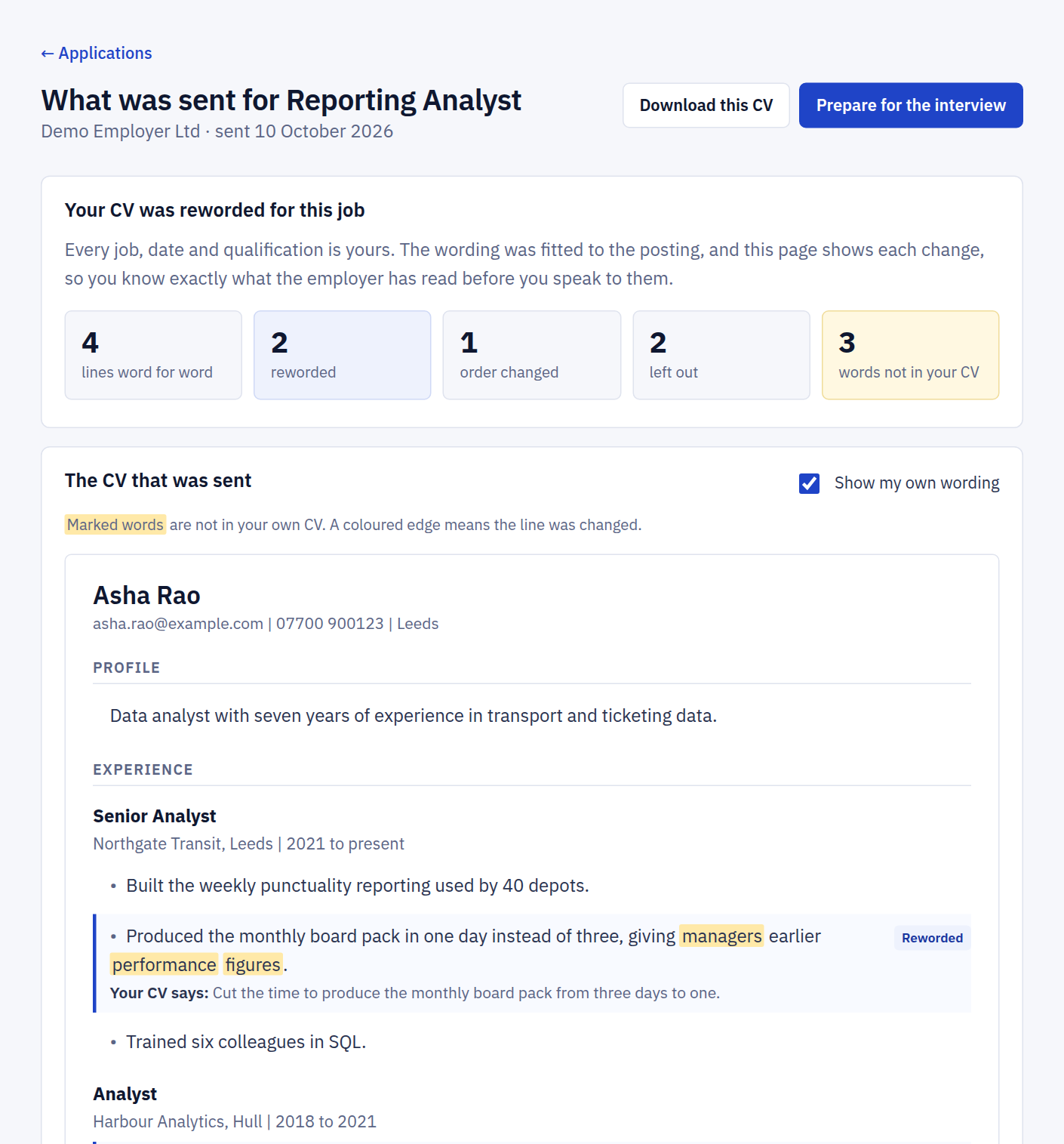 The What was sent page: a tally of lines taken word for word, reworded and left out, then the CV with a reworded line beside the customer's own wording and the new words marked