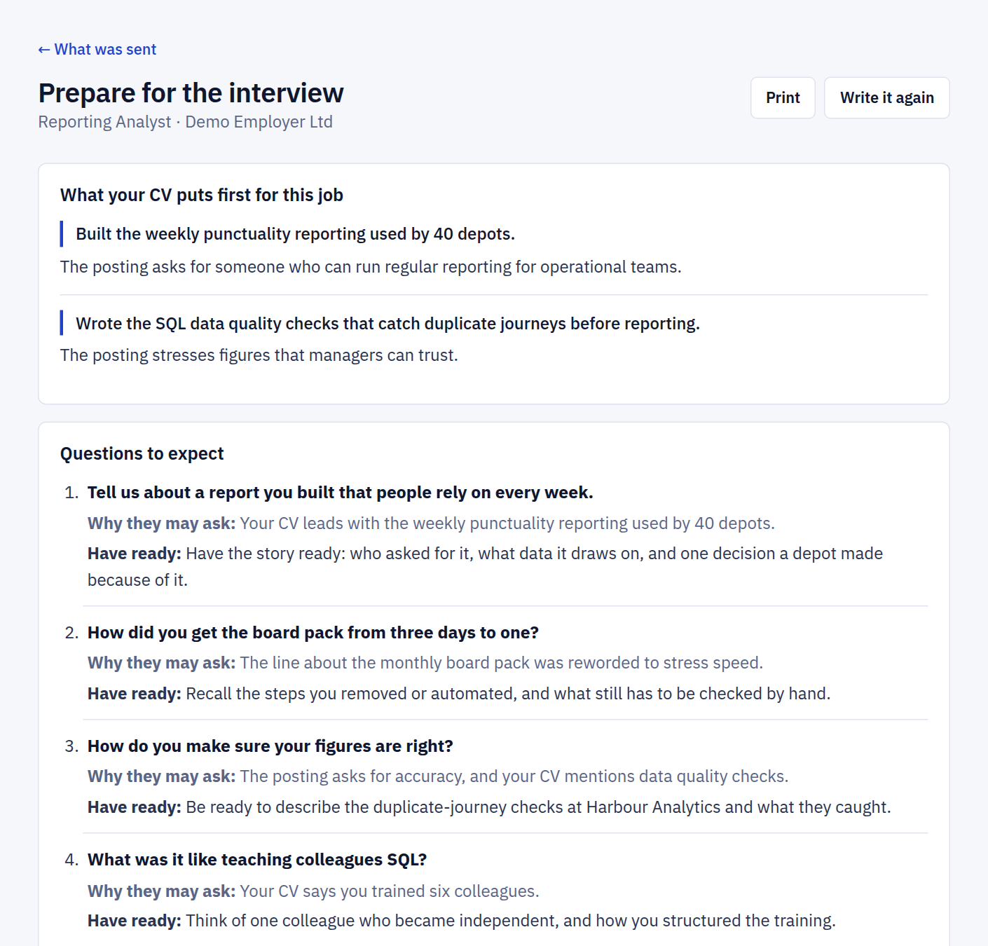 The Prepare for the interview page: the points the CV puts first for the job, then numbered questions to expect, each with why it may be asked and what to have ready