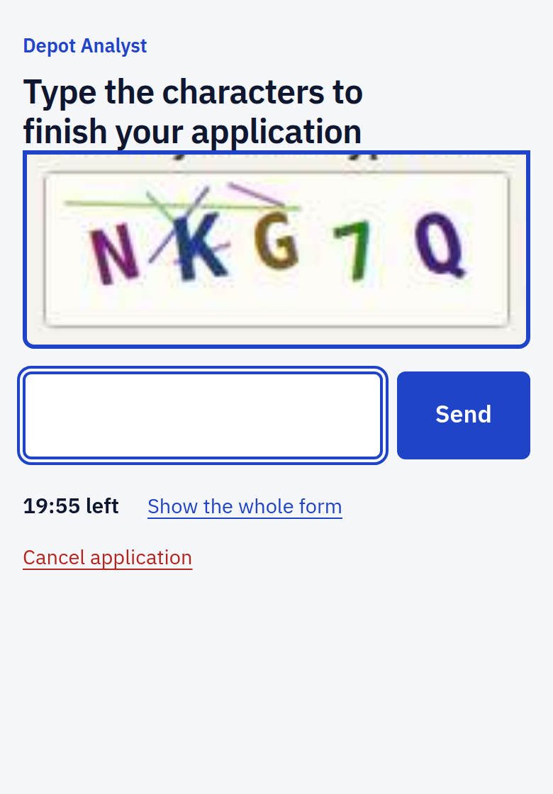 On a phone: the captcha picture enlarged with one box to type the characters and a Send button