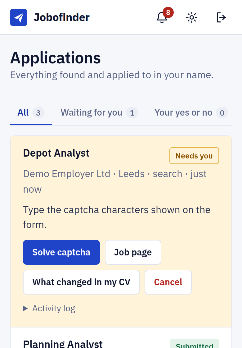 On a phone: an application marked Needs you with a Solve captcha button