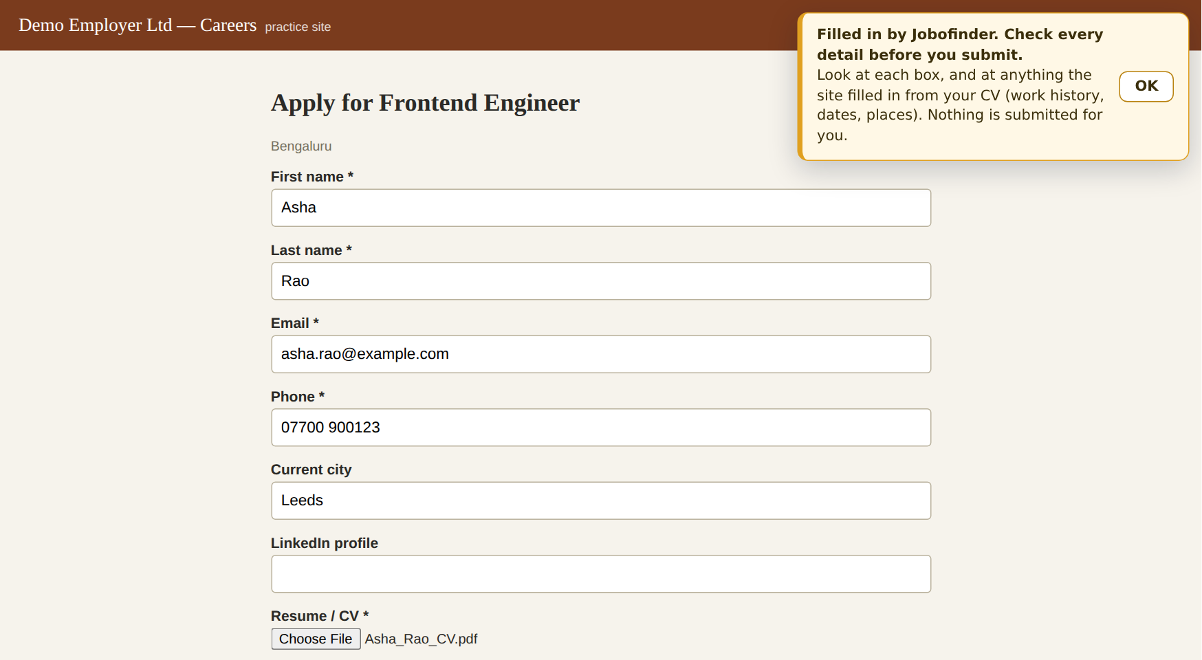 An employer's application form filled in by the browser extension, with a notice asking the customer to check every detail before submitting